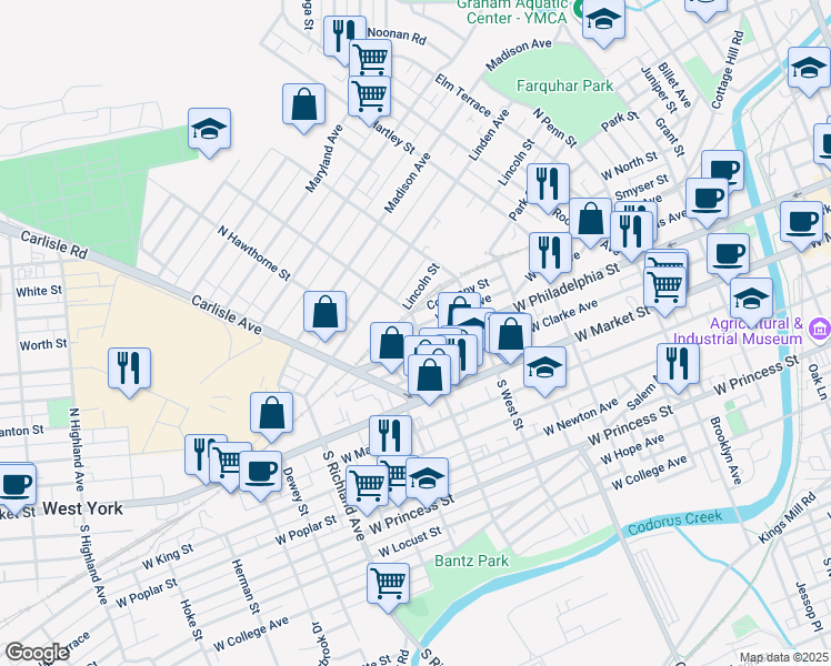map of restaurants, bars, coffee shops, grocery stores, and more near 665 West Philadelphia Street in York