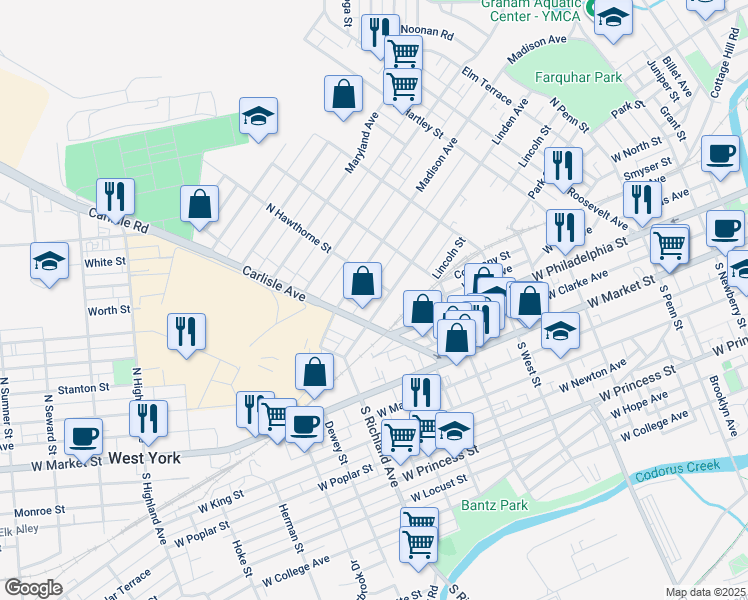 map of restaurants, bars, coffee shops, grocery stores, and more near 829 Linden Avenue in York