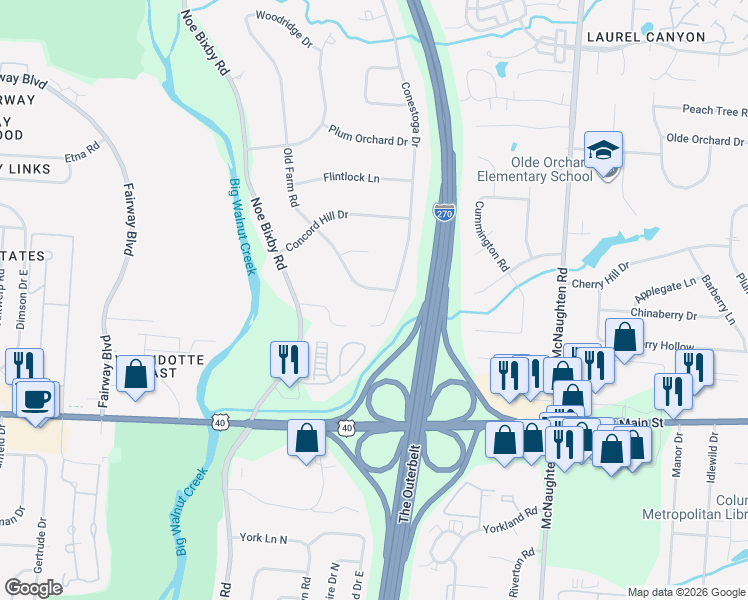 map of restaurants, bars, coffee shops, grocery stores, and more near 1005 Conestoga Drive in Columbus