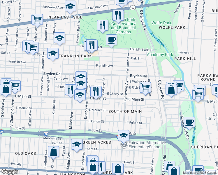map of restaurants, bars, coffee shops, grocery stores, and more near 414 Berkeley Road in Columbus