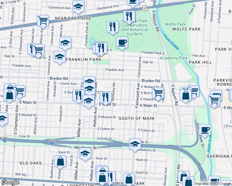 map of restaurants, bars, coffee shops, grocery stores, and more near 414 Berkeley Road in Columbus