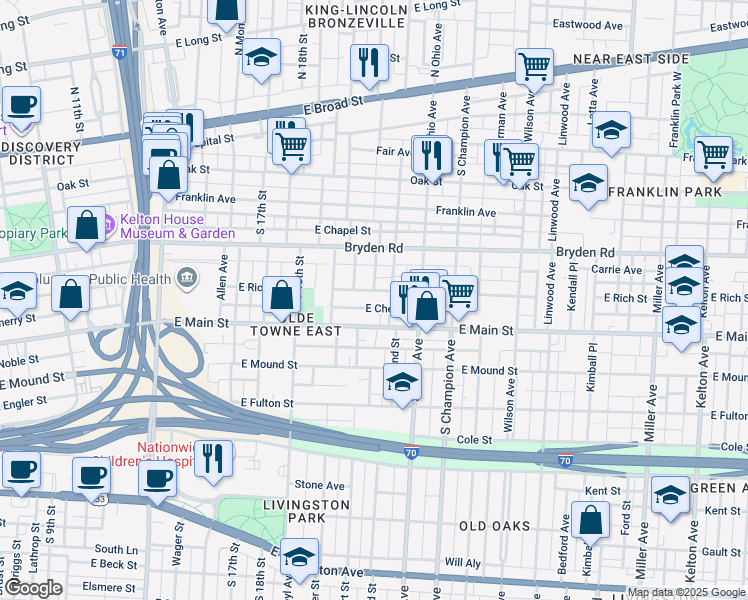 map of restaurants, bars, coffee shops, grocery stores, and more near 323 South 22nd Street in Columbus