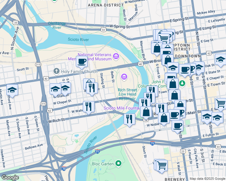 map of restaurants, bars, coffee shops, grocery stores, and more near Chapel St in Columbus