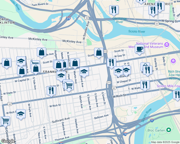 map of restaurants, bars, coffee shops, grocery stores, and more near 44 South Souder Avenue in Columbus