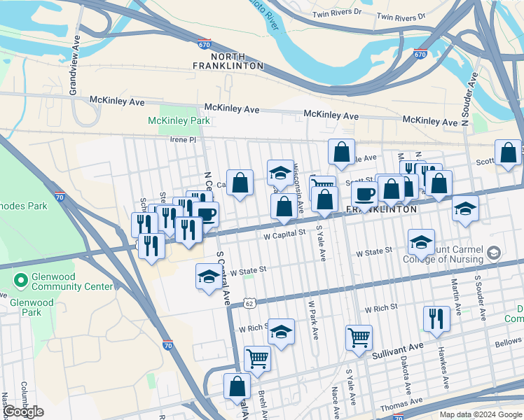 map of restaurants, bars, coffee shops, grocery stores, and more near 24 North Princeton Avenue in Columbus