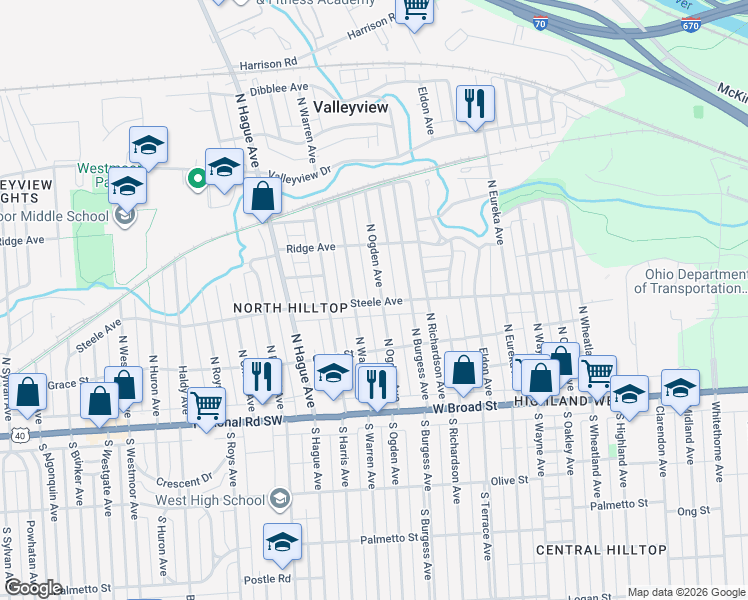map of restaurants, bars, coffee shops, grocery stores, and more near 2647 Steele Avenue in Columbus
