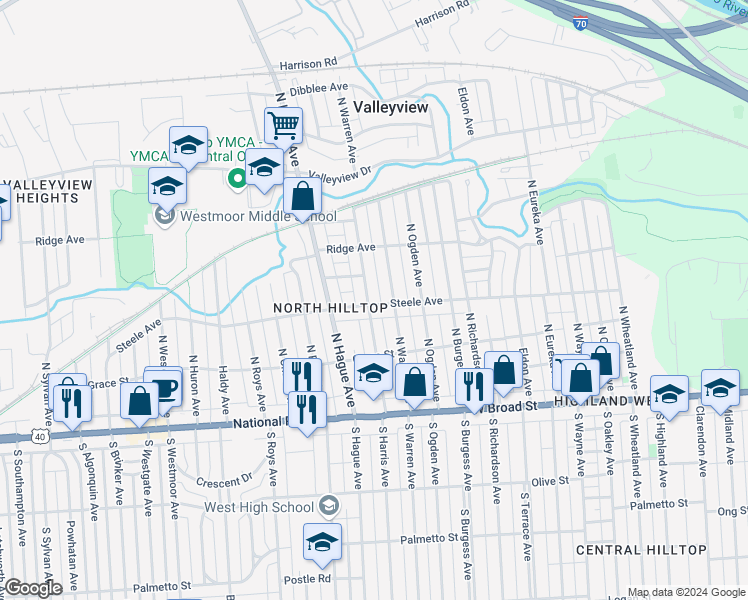 map of restaurants, bars, coffee shops, grocery stores, and more near 166 North Harris Avenue in Columbus