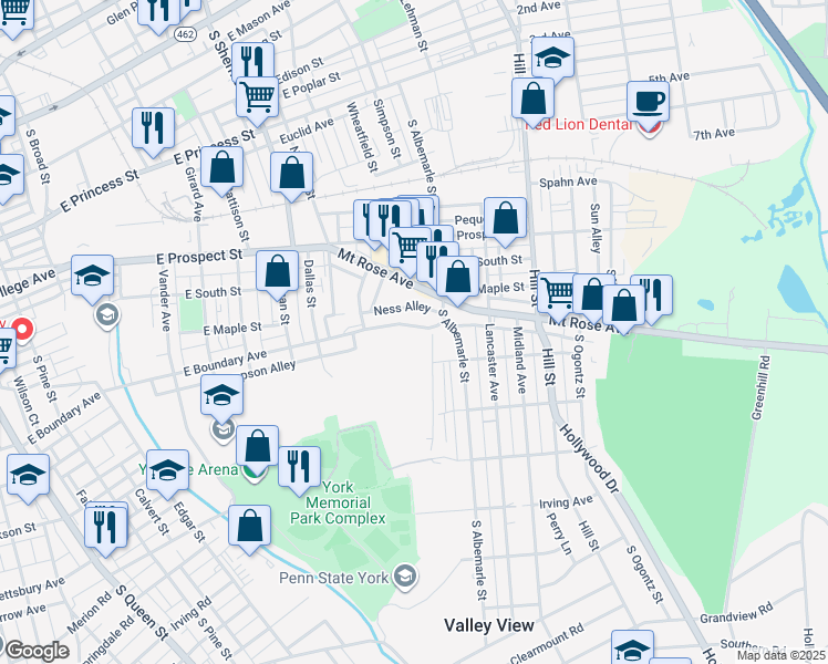 map of restaurants, bars, coffee shops, grocery stores, and more near 1090 East Boundary Avenue in York