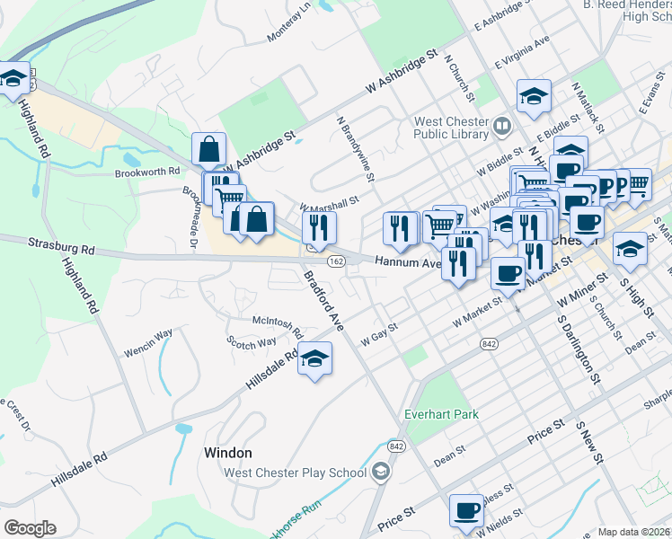 map of restaurants, bars, coffee shops, grocery stores, and more near 228 North Everhart Avenue in West Chester