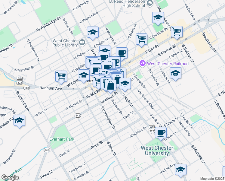 map of restaurants, bars, coffee shops, grocery stores, and more near 27 West Miner Street in West Chester