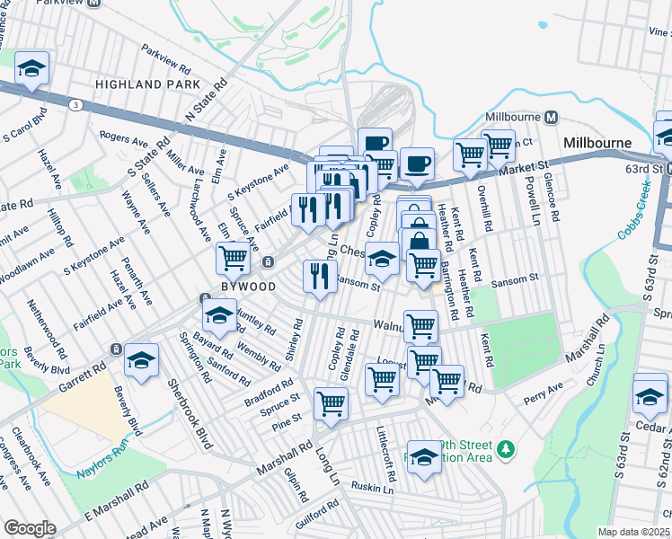 map of restaurants, bars, coffee shops, grocery stores, and more near 705 Bywood Avenue in Upper Darby