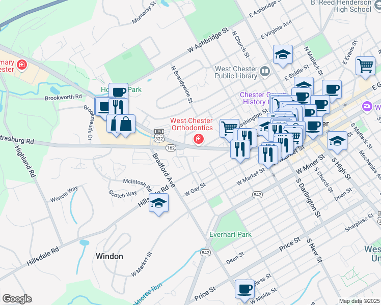 map of restaurants, bars, coffee shops, grocery stores, and more near 550 Hannum Avenue in West Chester