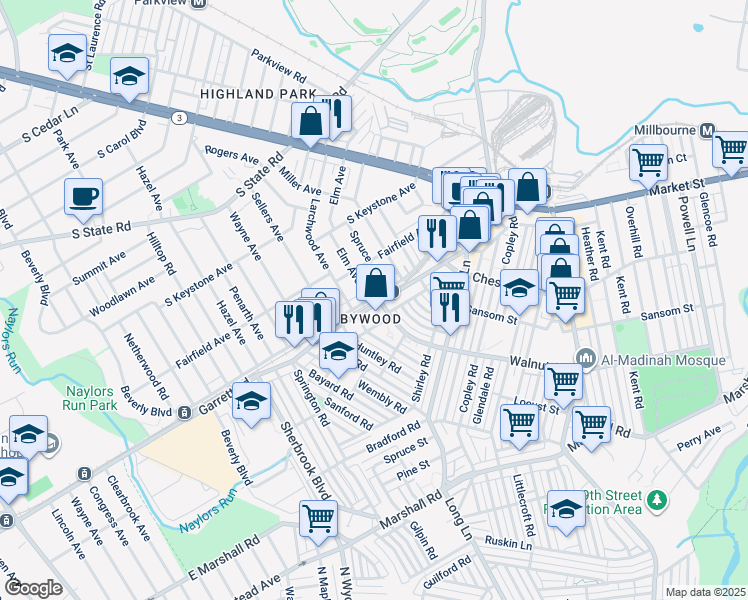 map of restaurants, bars, coffee shops, grocery stores, and more near in Delaware County