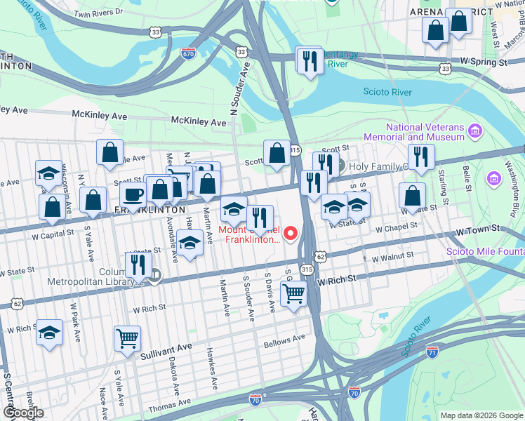 map of restaurants, bars, coffee shops, grocery stores, and more near 739-785 Doyle St in Columbus