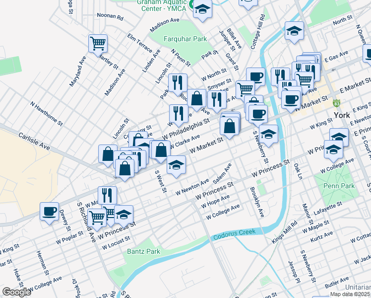 map of restaurants, bars, coffee shops, grocery stores, and more near 501 West Market Street in York