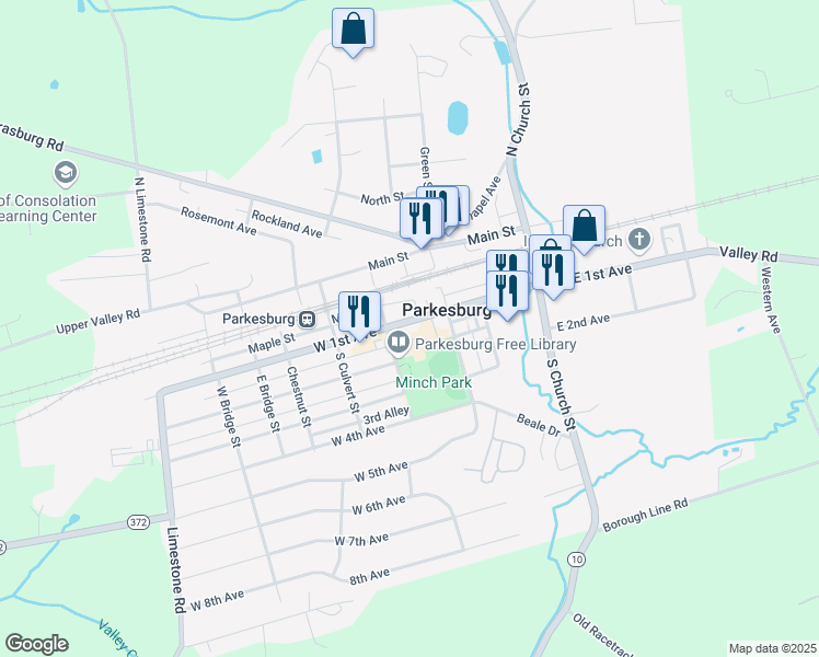 map of restaurants, bars, coffee shops, grocery stores, and more near 332 West 1st Avenue in Parkesburg