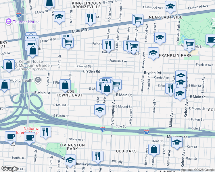 map of restaurants, bars, coffee shops, grocery stores, and more near 333 South Ohio Avenue in Columbus