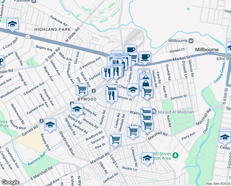 map of restaurants, bars, coffee shops, grocery stores, and more near 121 Long Lane in Upper Darby