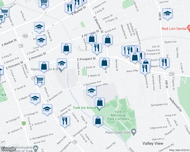 map of restaurants, bars, coffee shops, grocery stores, and more near 700 Courtland Street in York