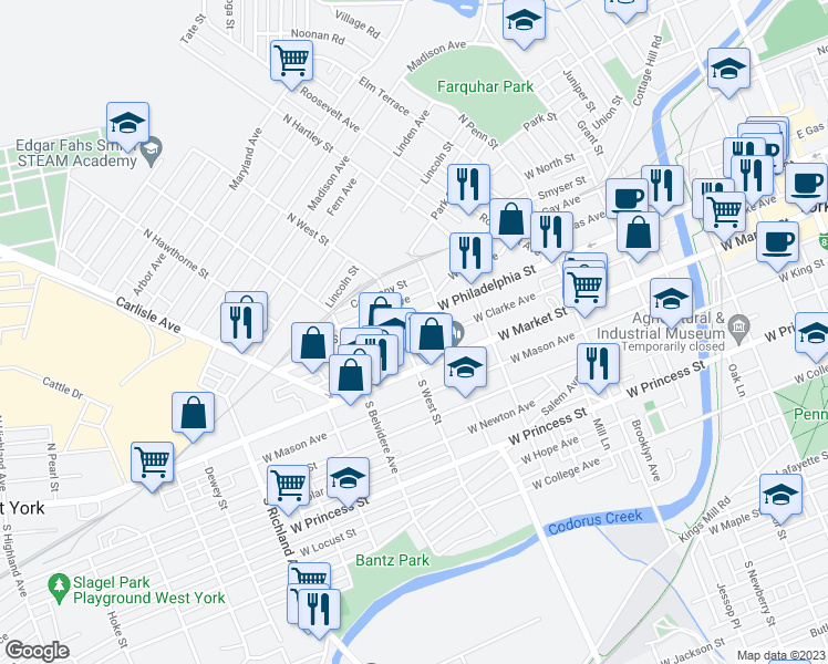 map of restaurants, bars, coffee shops, grocery stores, and more near 586 West Philadelphia Street in York