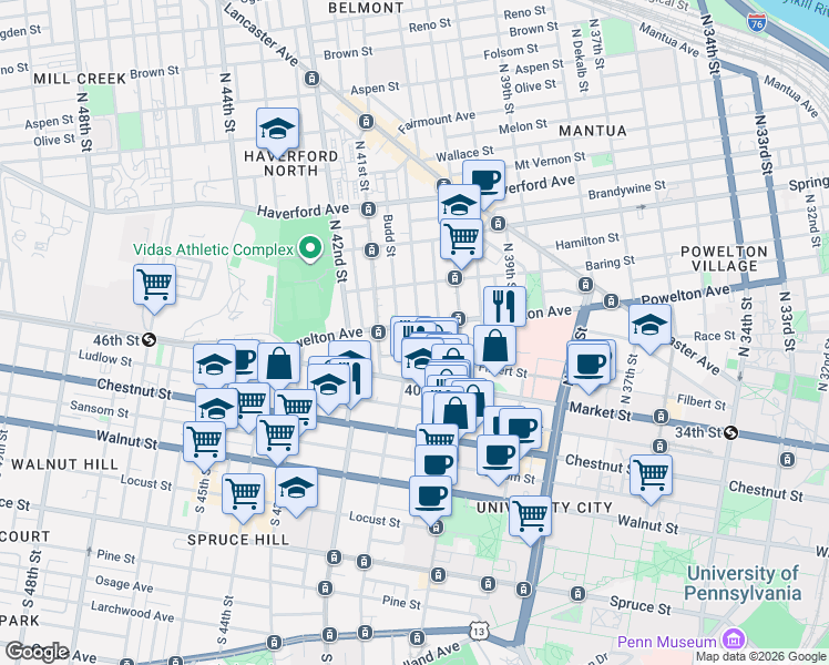 map of restaurants, bars, coffee shops, grocery stores, and more near 4038 Powelton Avenue in Philadelphia