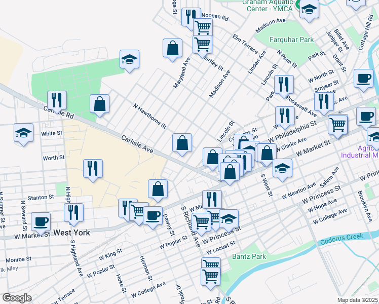 map of restaurants, bars, coffee shops, grocery stores, and more near 813 Linden Avenue in York