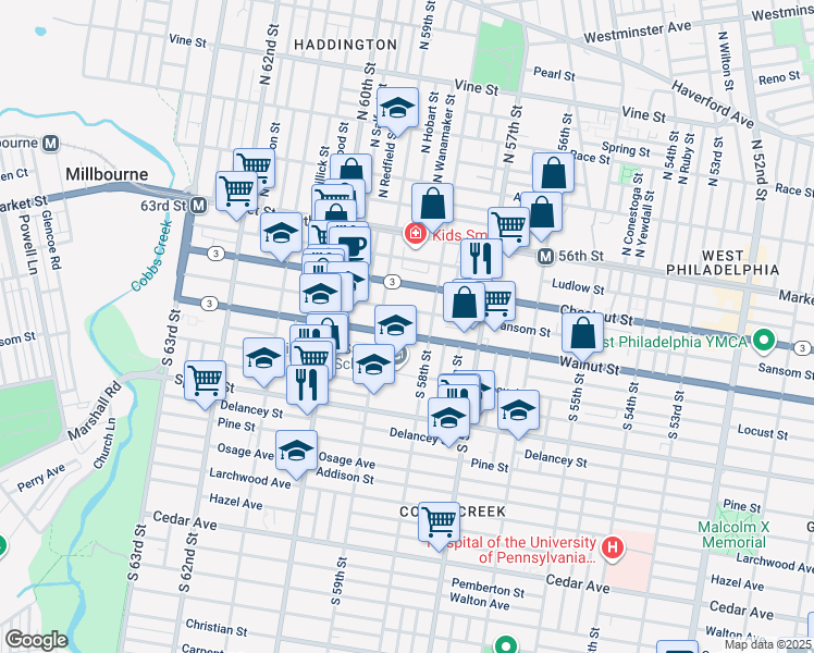 map of restaurants, bars, coffee shops, grocery stores, and more near 5831 Walnut Street in Philadelphia