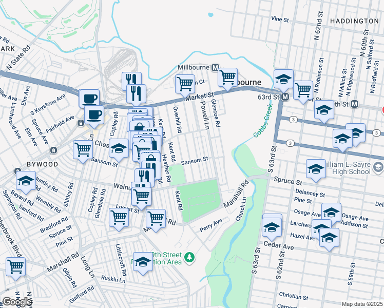 map of restaurants, bars, coffee shops, grocery stores, and more near 131 Overhill Road in Upper Darby