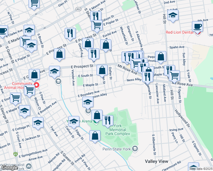 map of restaurants, bars, coffee shops, grocery stores, and more near 653 Bergman Street in York
