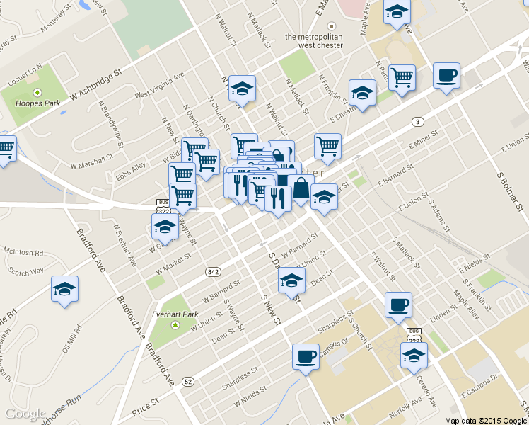 map of restaurants, bars, coffee shops, grocery stores, and more near 124 West Market Street in West Chester