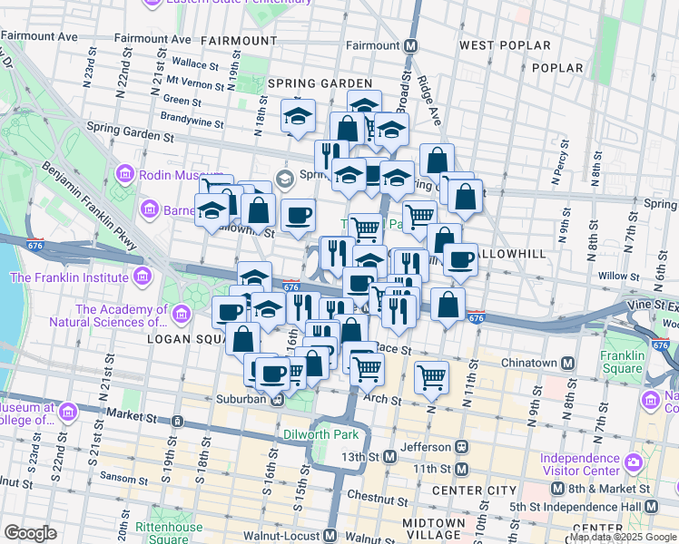 map of restaurants, bars, coffee shops, grocery stores, and more near 325 North 15th Street in Philadelphia
