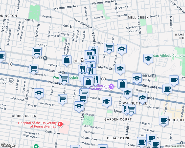 map of restaurants, bars, coffee shops, grocery stores, and more near 47 South 52nd Street in Philadelphia