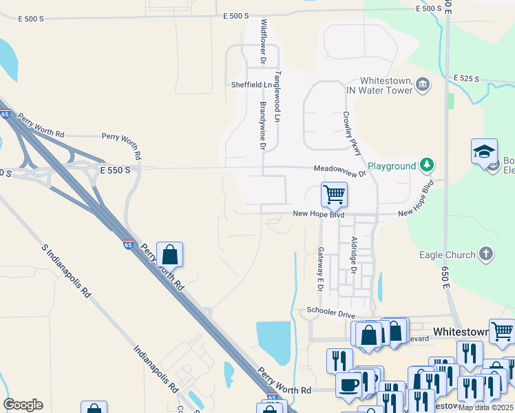 map of restaurants, bars, coffee shops, grocery stores, and more near 5799 Hemlock Drive in Whitestown