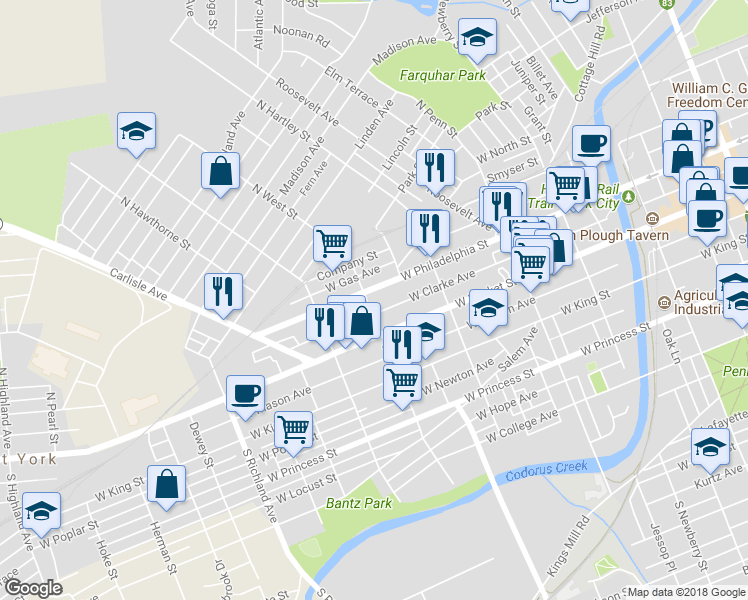 map of restaurants, bars, coffee shops, grocery stores, and more near 592 West Philadelphia Street in York