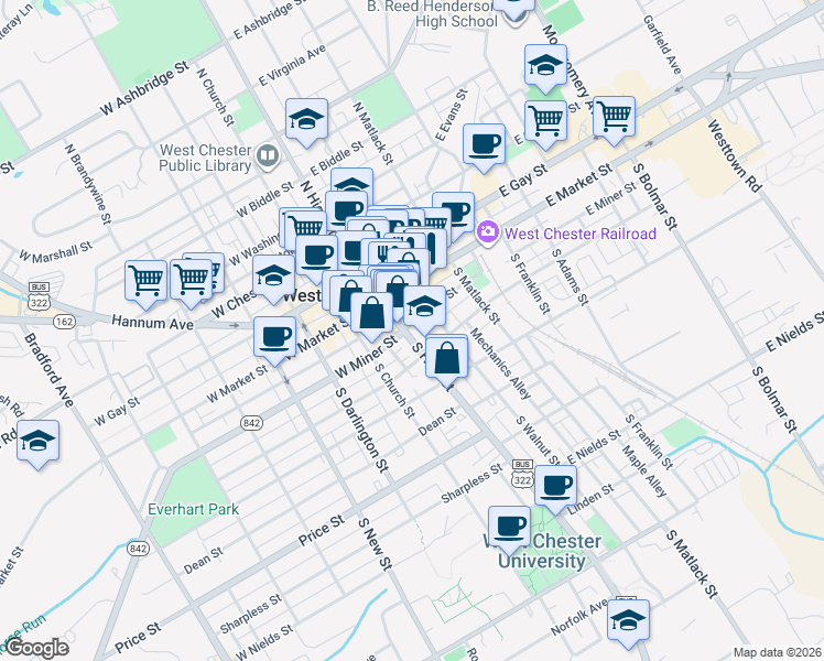 map of restaurants, bars, coffee shops, grocery stores, and more near 109 South High Street in West Chester