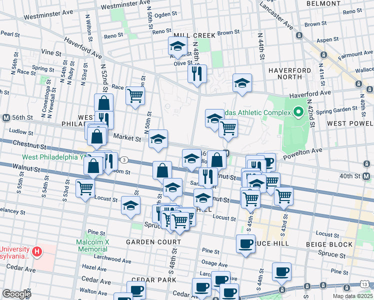 map of restaurants, bars, coffee shops, grocery stores, and more near 4800 Market Street in Philadelphia