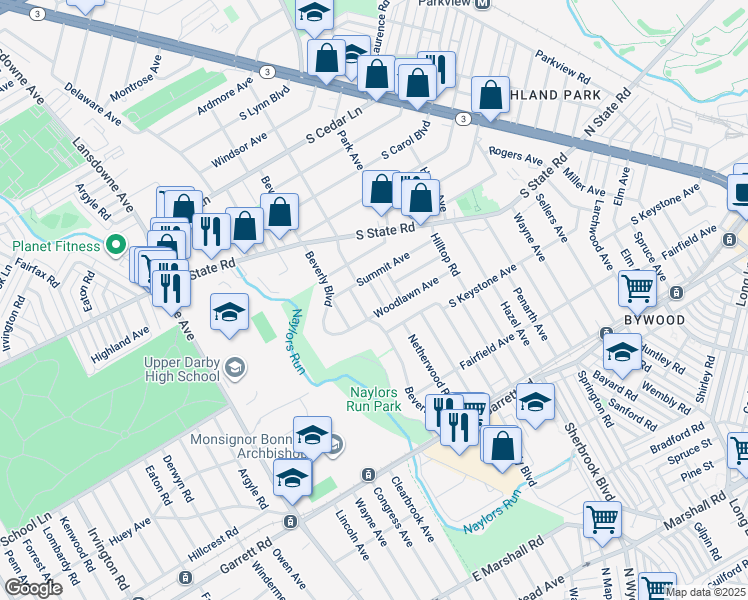 map of restaurants, bars, coffee shops, grocery stores, and more near 632 Merion Avenue in Upper Darby