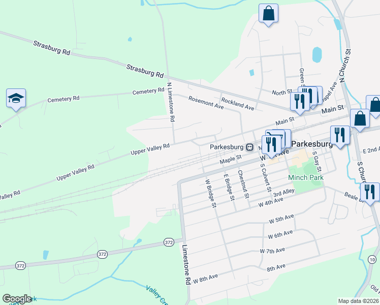 map of restaurants, bars, coffee shops, grocery stores, and more near 40 West Bridge Street in Parkesburg