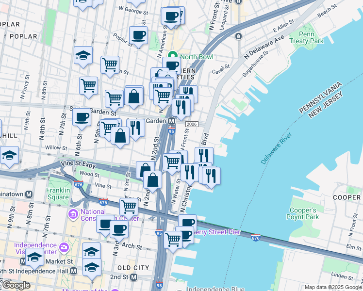 map of restaurants, bars, coffee shops, grocery stores, and more near 608 North Front Street in Philadelphia