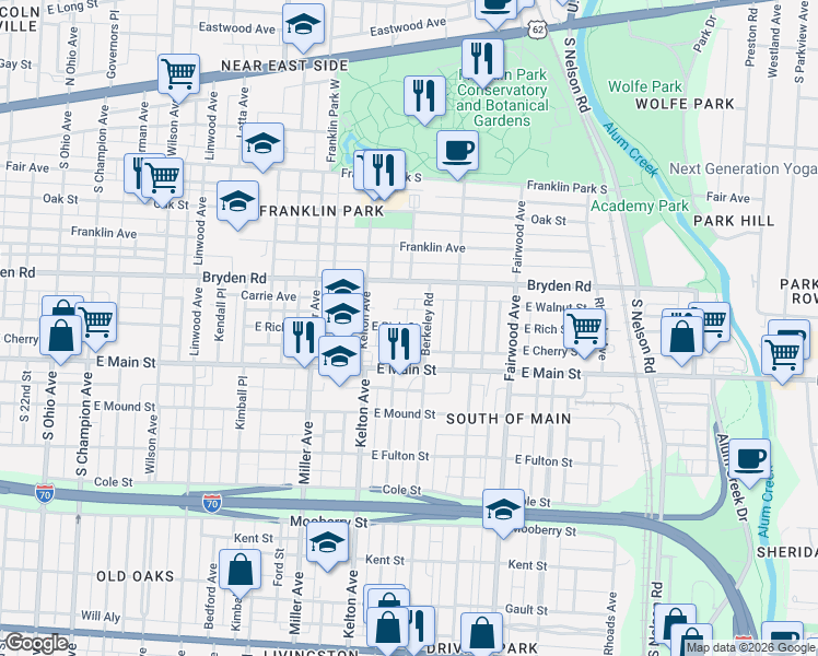 map of restaurants, bars, coffee shops, grocery stores, and more near 1571 East Rich Street in Columbus