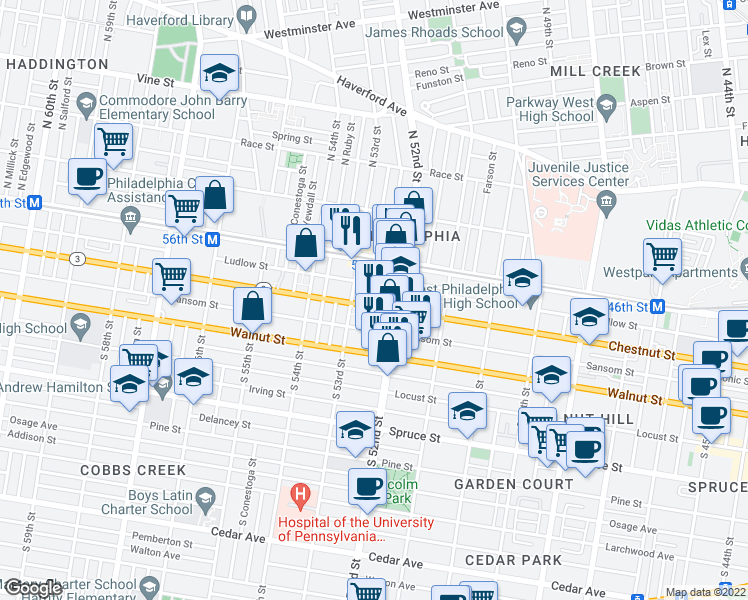 map of restaurants, bars, coffee shops, grocery stores, and more near 5233 Chestnut Street in Philadelphia