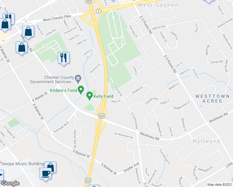 map of restaurants, bars, coffee shops, grocery stores, and more near 504 South Concord Road in West Chester