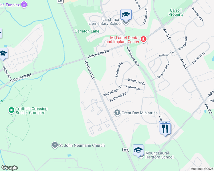 map of restaurants, bars, coffee shops, grocery stores, and more near 3 Whitechapel Court in Mount Laurel Township
