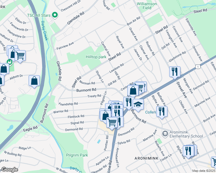 map of restaurants, bars, coffee shops, grocery stores, and more near 1390 Burmont Road in Havertown