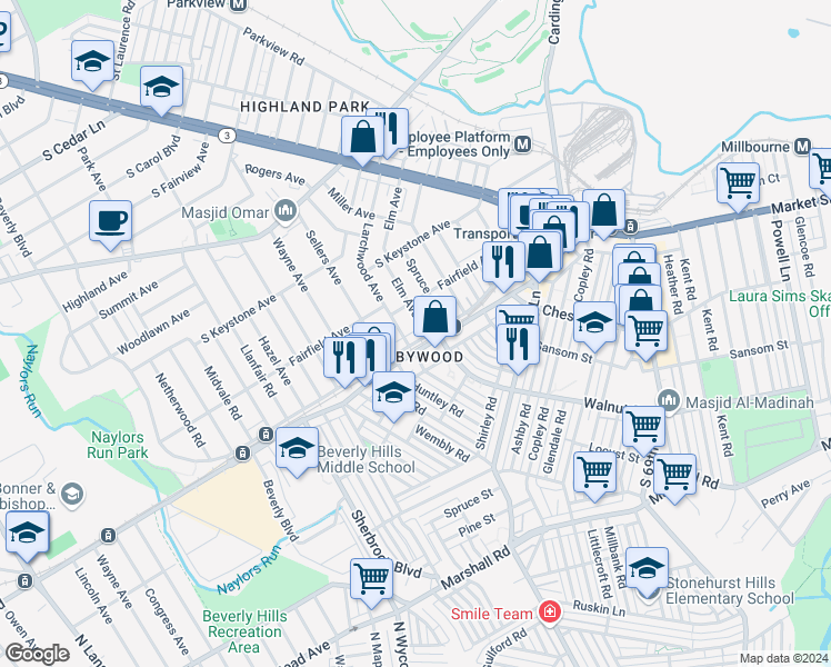 map of restaurants, bars, coffee shops, grocery stores, and more near in Delaware County
