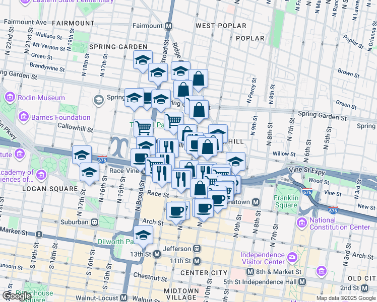 map of restaurants, bars, coffee shops, grocery stores, and more near 340 North 12th Street in Philadelphia