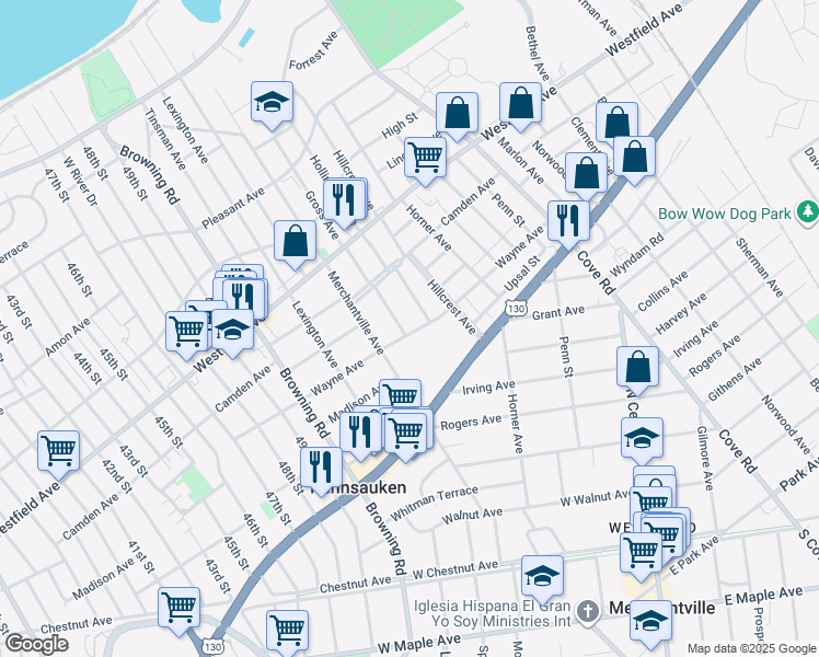 map of restaurants, bars, coffee shops, grocery stores, and more near 2276 Gross Avenue in Pennsauken Township