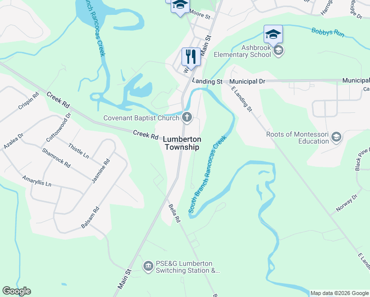 map of restaurants, bars, coffee shops, grocery stores, and more near 2 Willow Street in Lumberton