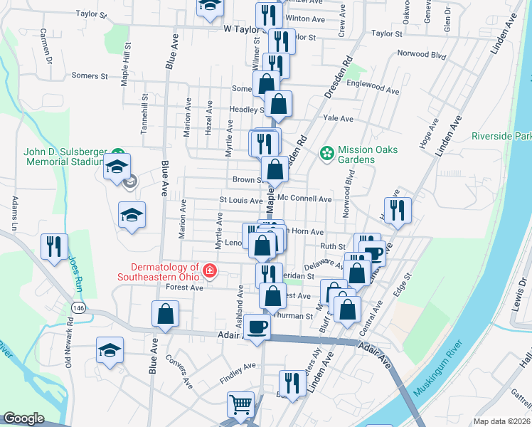 map of restaurants, bars, coffee shops, grocery stores, and more near 633 Fairmont Avenue in Zanesville