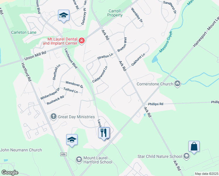map of restaurants, bars, coffee shops, grocery stores, and more near 158 Camber Lane in Mount Laurel